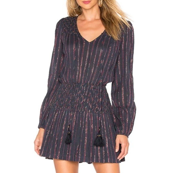 Tularosa Nina Tassel Beaded Metallic Mini Dress Long Sleeve Navy Rose Gold Small - Picture 1 of 16